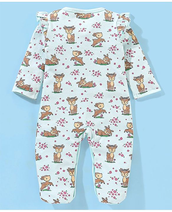 Babyhug Cotton Knit Full Sleeves Sleepsuit Fawn Print - Blue