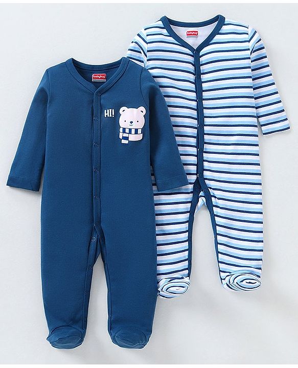 Babyhug Full Sleeves Sleep Suit Striped Pack of 2 - Blue