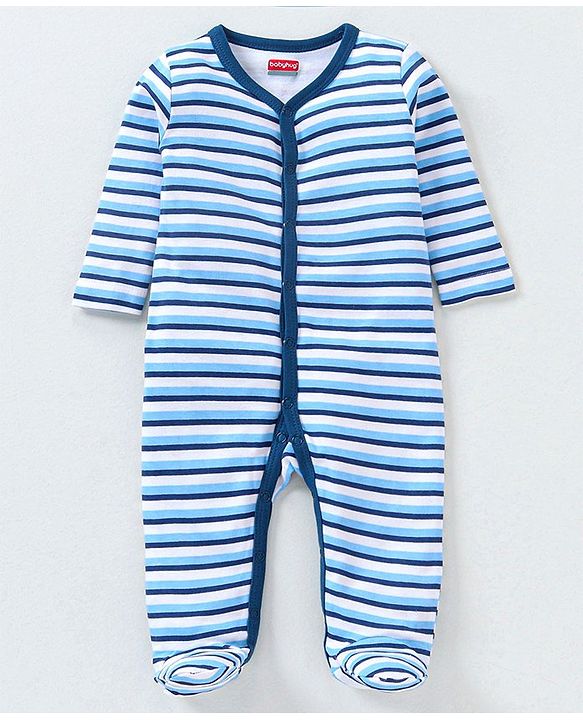 Babyhug Full Sleeves Sleep Suit Striped Pack of 2 - Blue