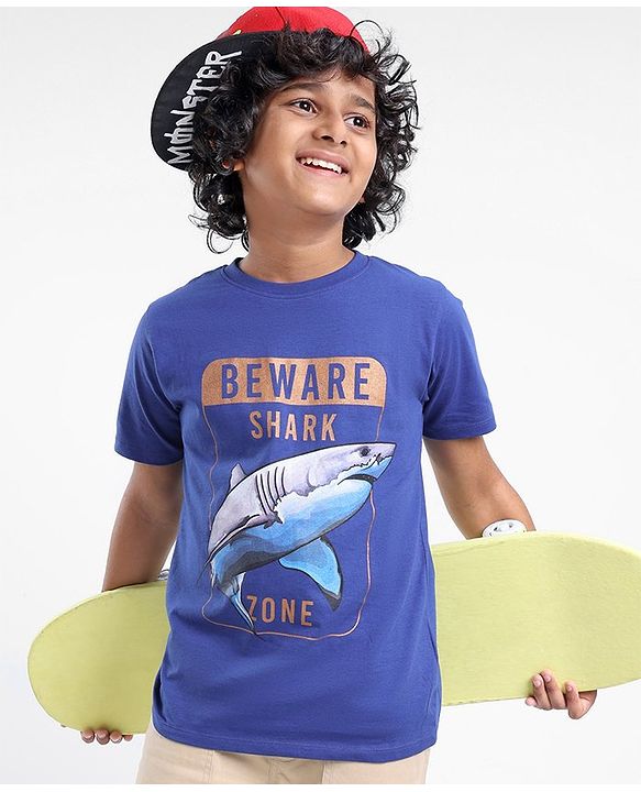 Pine Kids Biowashed Shark Print Half Sleeves Tee - Blue