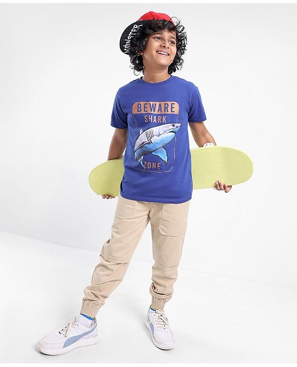 Pine Kids Biowashed Shark Print Half Sleeves Tee - Blue