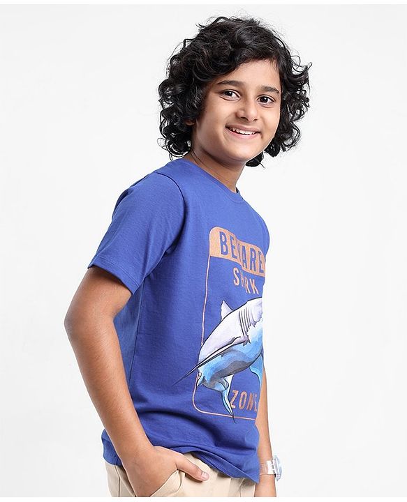 Pine Kids Biowashed Shark Print Half Sleeves Tee - Blue
