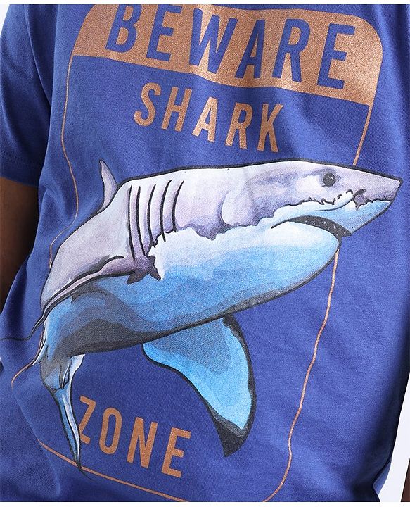Pine Kids Biowashed Shark Print Half Sleeves Tee - Blue
