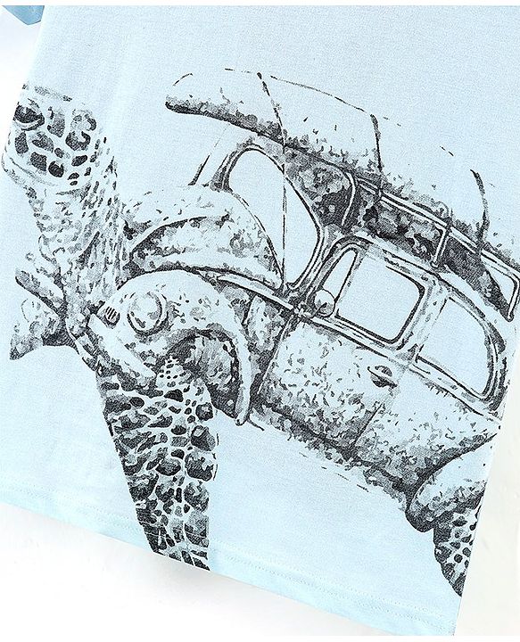 Pine Kids Cotton Half Sleeves Biowashed T-Shirt Turtle Print- Blue