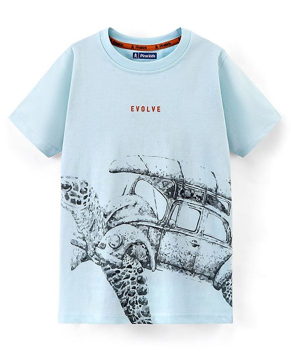 Pine Kids Cotton Half Sleeves Biowashed T-Shirt Turtle Print- Blue