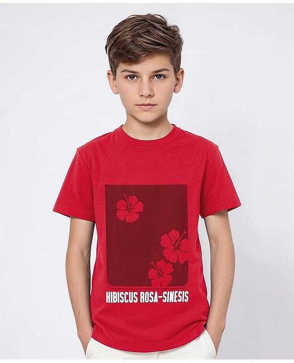 Pine Kids Cotton Half Sleeves T-Shirt Hibiscus Flower Print - Red