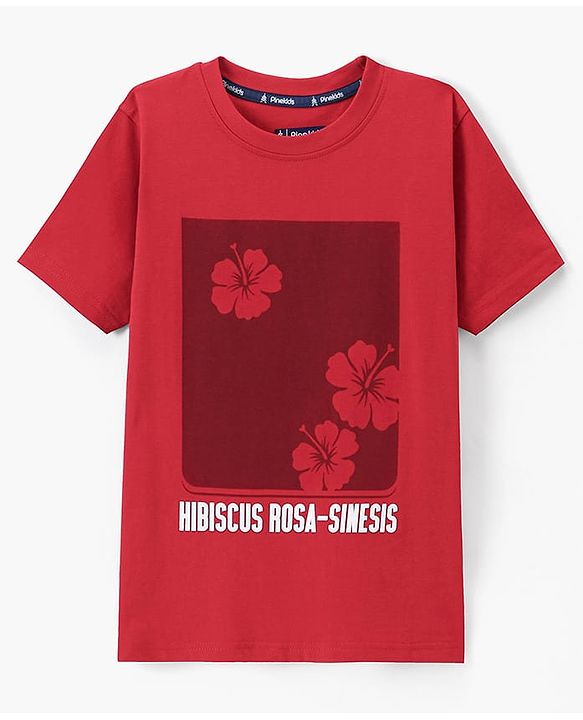 Pine Kids Cotton Half Sleeves T-Shirt Hibiscus Flower Print - Red