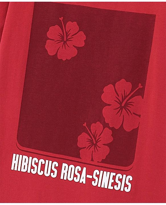 Pine Kids Cotton Half Sleeves T-Shirt Hibiscus Flower Print - Red