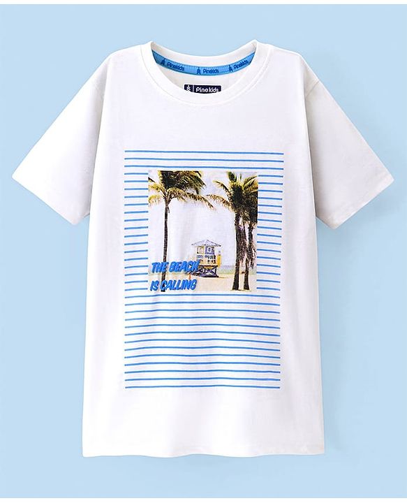 Pine Kids 100% Cotton Half Sleeves Bio Washed T-Shirt Beach Print - White