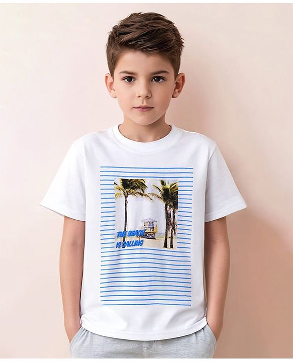 Pine Kids 100% Cotton Half Sleeves Bio Washed T-Shirt Beach Print - White