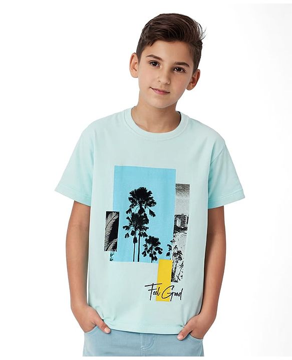 Pine Kids Cotton Full Sleeves Bio Wash T-Shirt Palm Trees Print - Blue