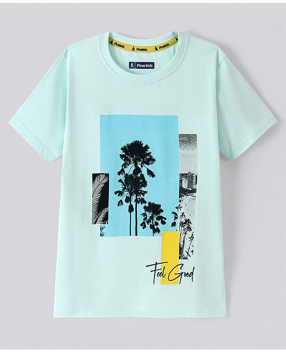 Pine Kids Cotton Full Sleeves Bio Wash T-Shirt Palm Trees Print - Blue