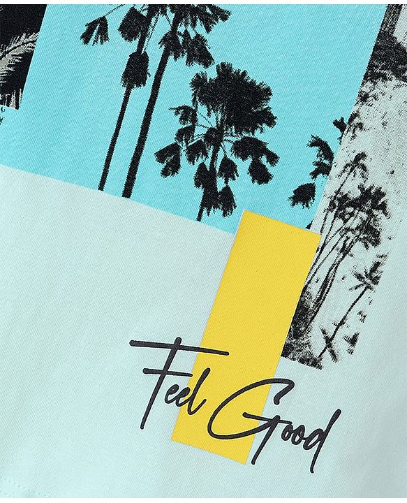 Pine Kids Cotton Full Sleeves Bio Wash T-Shirt Palm Trees Print - Blue