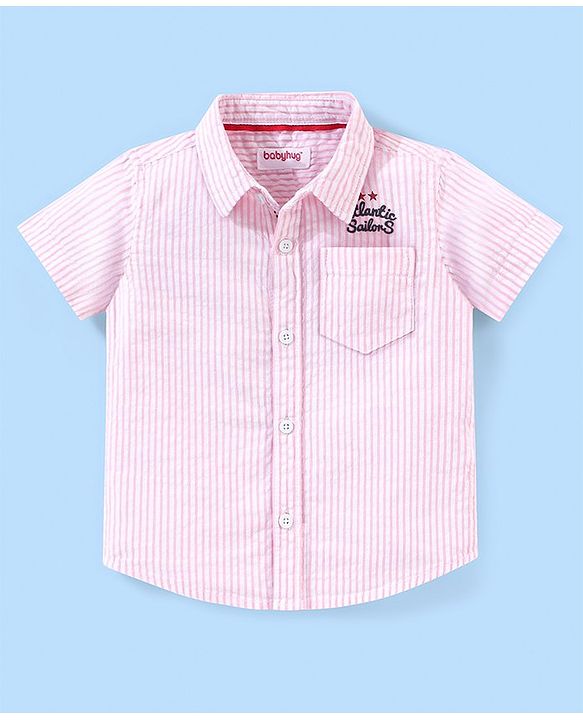Babyhug 100% Cotton Woven Half Sleeve Striped Shirt - Pink