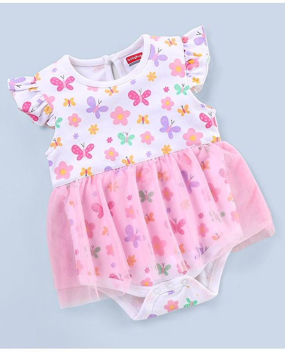 Babyhug 100% Cotton Knit Frill Sleeves Frock Style Onesie Butterfly Print - White & Pink