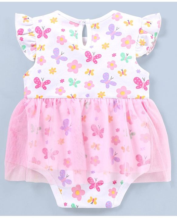 Babyhug 100% Cotton Knit Frill Sleeves Frock Style Onesie Butterfly Print - White & Pink
