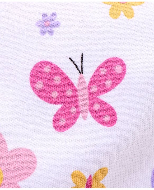 Babyhug 100% Cotton Knit Frill Sleeves Frock Style Onesie Butterfly Print - White & Pink