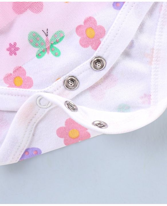Babyhug 100% Cotton Knit Frill Sleeves Frock Style Onesie Butterfly Print - White & Pink