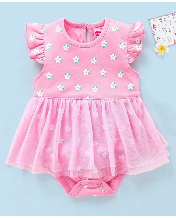 Babyhug 100% Cotton Frill Sleeves Frock Style Onesie Floral Print- Pink