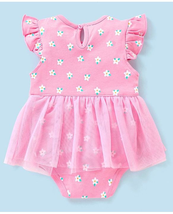 Babyhug 100% Cotton Frill Sleeves Frock Style Onesie Floral Print- Pink