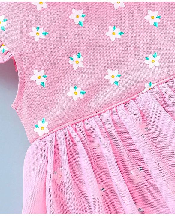Babyhug 100% Cotton Frill Sleeves Frock Style Onesie Floral Print- Pink