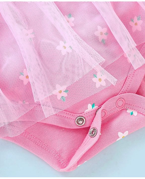 Babyhug 100% Cotton Frill Sleeves Frock Style Onesie Floral Print- Pink