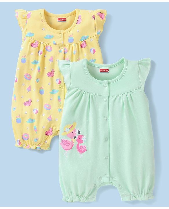 Babyhug 100% Cotton Half Sleeves Romper Ducky Print Pack of 2 - Yellow & Green