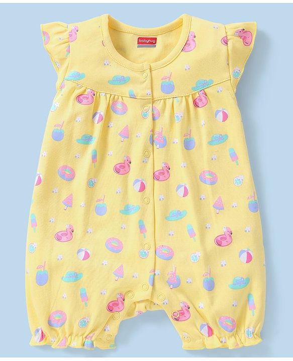 Babyhug 100% Cotton Half Sleeves Romper Ducky Print Pack of 2 - Yellow & Green