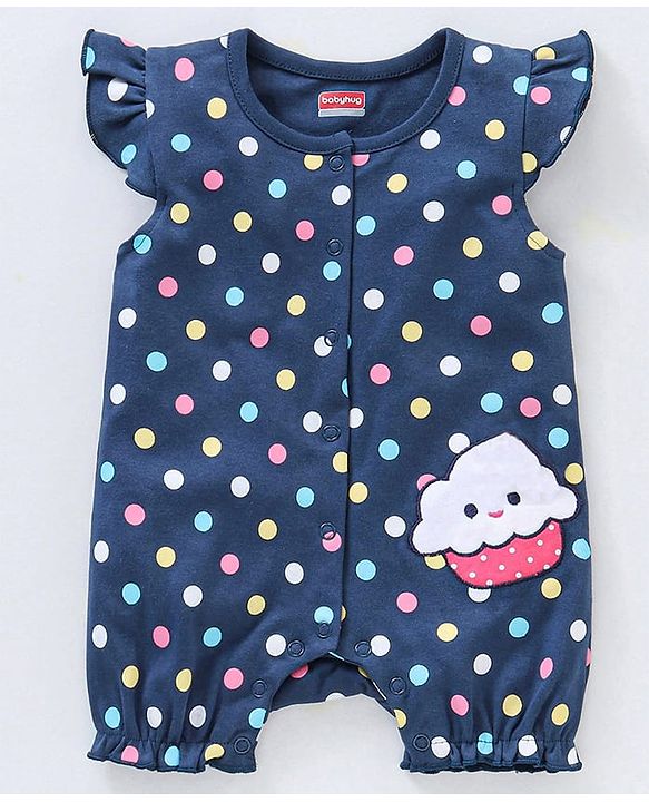 Babyhug Flutter Sleeves 100% Cotton Polka Dots Romper - Navy Blue