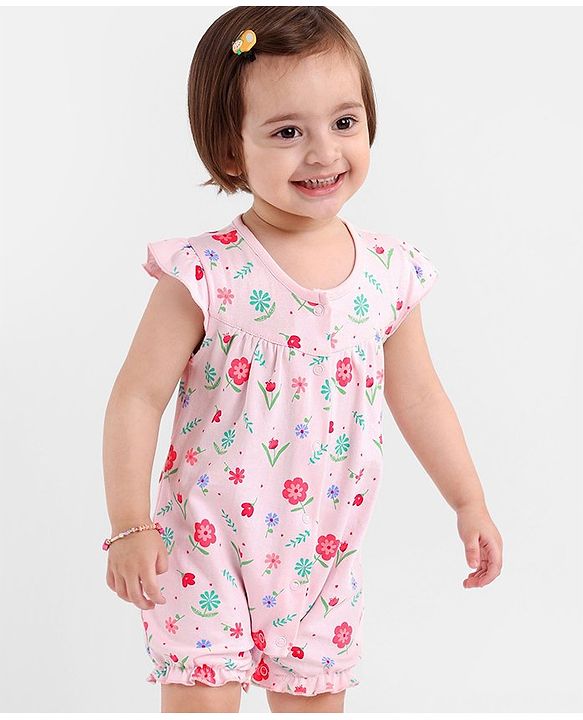 Babyhug 100% Cotton Short Sleeves Romper Floral Print - Pink