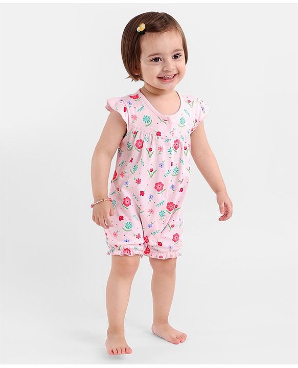 Babyhug 100% Cotton Short Sleeves Romper Floral Print - Pink