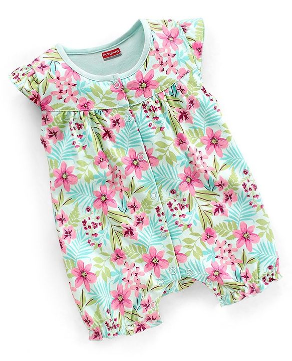 Babyhug 100% Cotton Knit Cap Sleeves Romper Floral Print - Light Blue & Pink