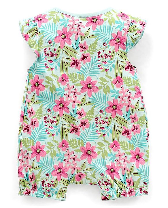 Babyhug 100% Cotton Knit Cap Sleeves Romper Floral Print - Light Blue & Pink