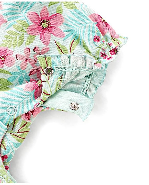 Babyhug 100% Cotton Knit Cap Sleeves Romper Floral Print - Light Blue & Pink