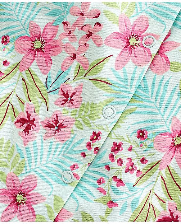 Babyhug 100% Cotton Knit Cap Sleeves Romper Floral Print - Light Blue & Pink