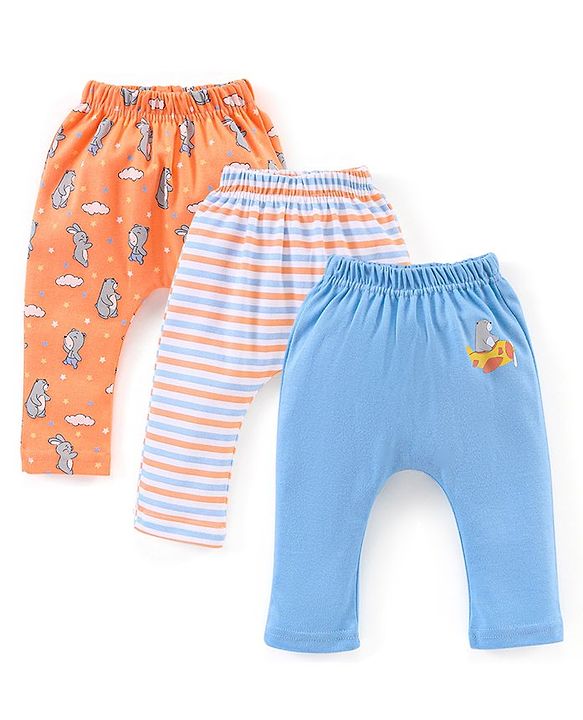 Babyhug Full Length Bear & stripe Print Diaper Leggings Pack of 3 - Blue & Orange