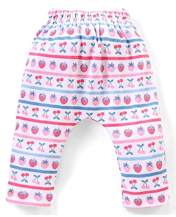 Babyhug Cotton Full Length Diaper Pants Floral & Fruit Print Pack Of 3 - Blue & Pink
