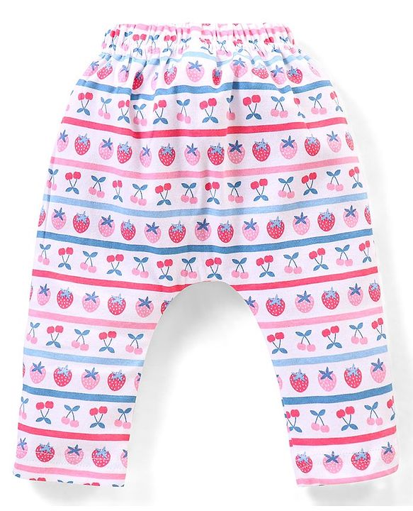 Babyhug Cotton Full Length Diaper Pants Floral & Fruit Print Pack Of 3 - Blue & Pink