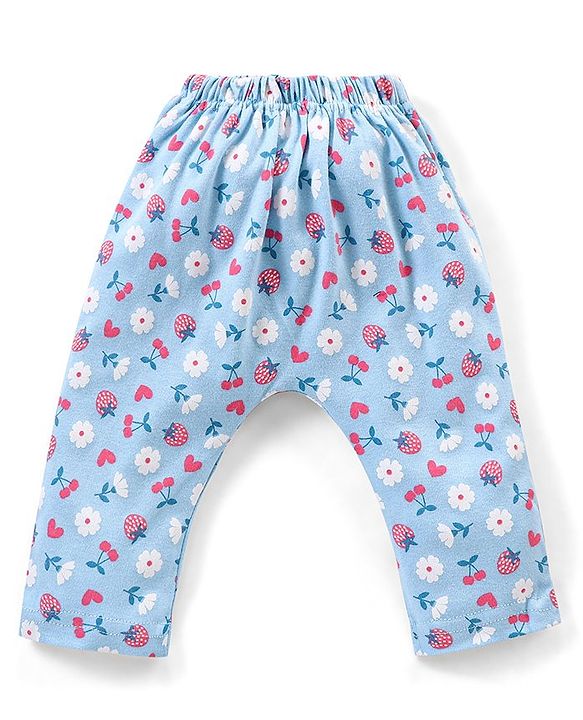 Babyhug Cotton Full Length Diaper Pants Floral & Fruit Print Pack Of 3 - Blue & Pink
