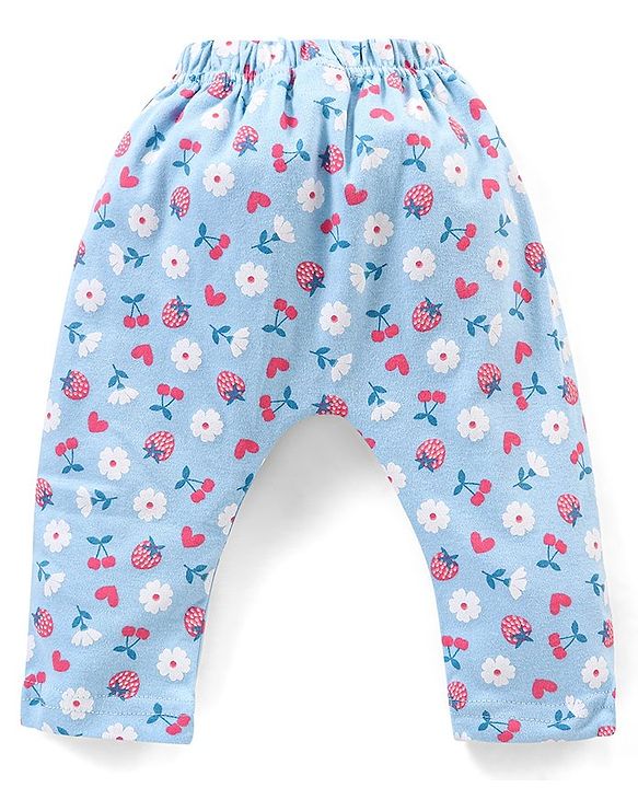 Babyhug Cotton Full Length Diaper Pants Floral & Fruit Print Pack Of 3 - Blue & Pink