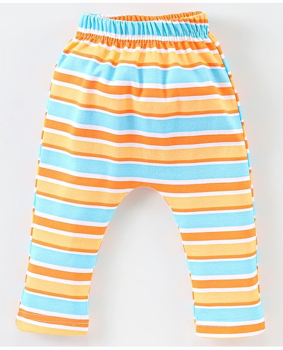 Babyhug Cotton Full Length Diaper Pants Stripes & Bear Print Pack of 3- Orange & Blue