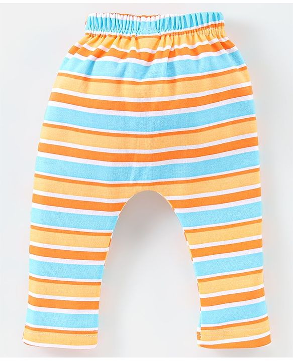 Babyhug Cotton Full Length Diaper Pants Stripes & Bear Print Pack of 3- Orange & Blue