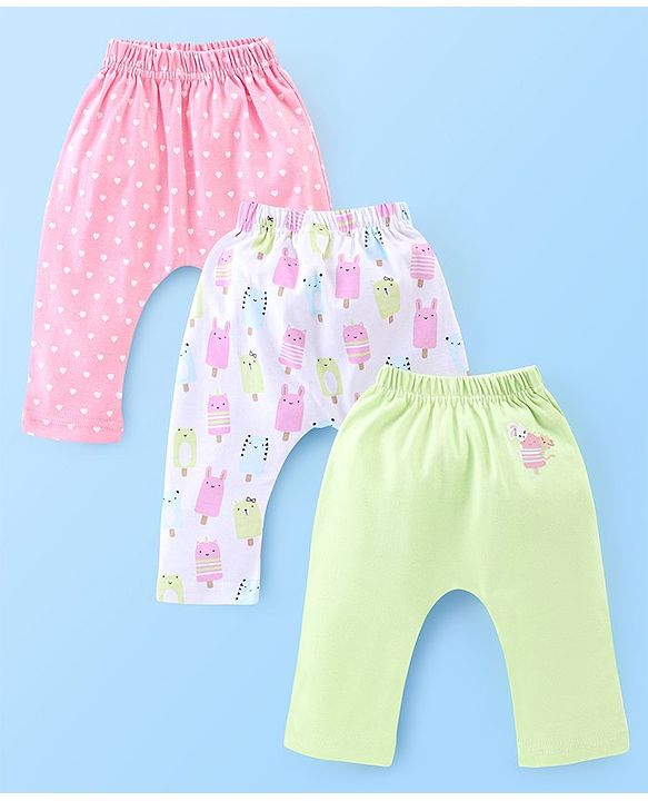 Babyhug Cotton Full Length Diaper Leggings Heart & Popsicle Print Pack Of 3- Green Pink & White