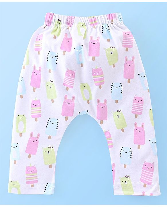 Babyhug Cotton Full Length Diaper Leggings Heart & Popsicle Print Pack Of 3- Green Pink & White