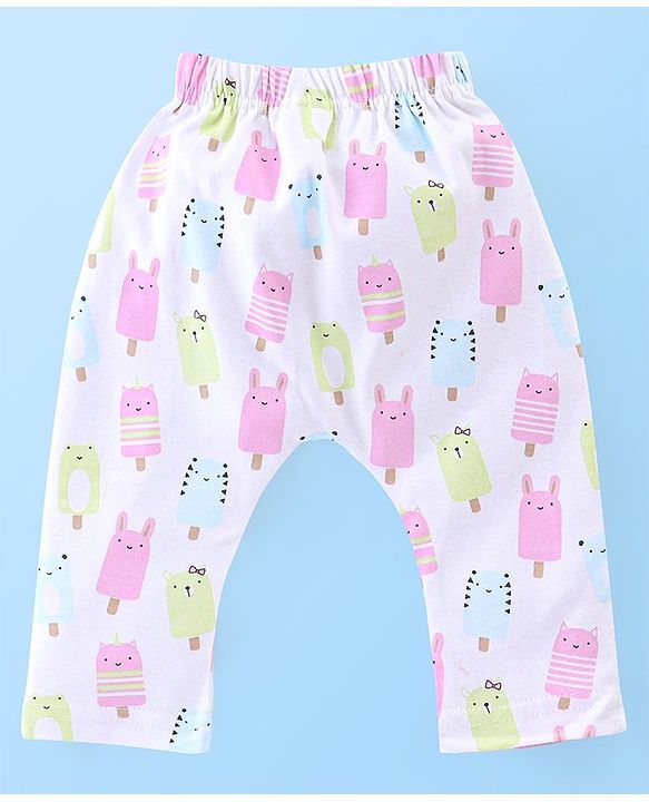 Babyhug Cotton Full Length Diaper Leggings Heart & Popsicle Print Pack Of 3- Green Pink & White