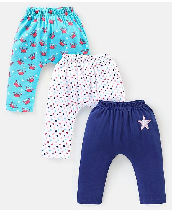Babyhug Cotton Full Length Diaper Pants Crab & Stars Print Pack of 3 - White & Blue