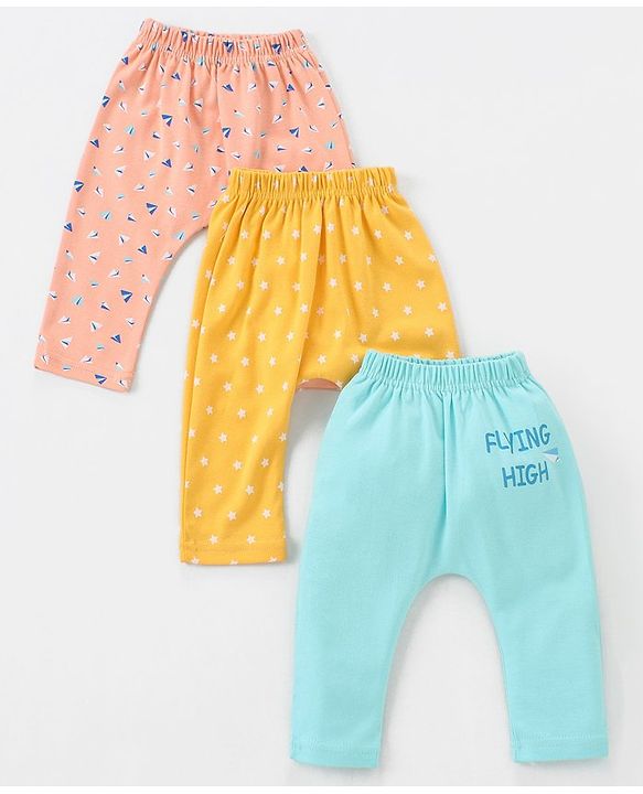 Babyhug Cotton Knit Full Length Diaper Leggings Pack of 3 Paper Planes & Stars Print - Pink Yellow & Sky Blue