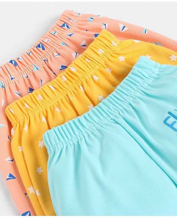 Babyhug Cotton Knit Full Length Diaper Leggings Pack of 3 Paper Planes & Stars Print - Pink Yellow & Sky Blue