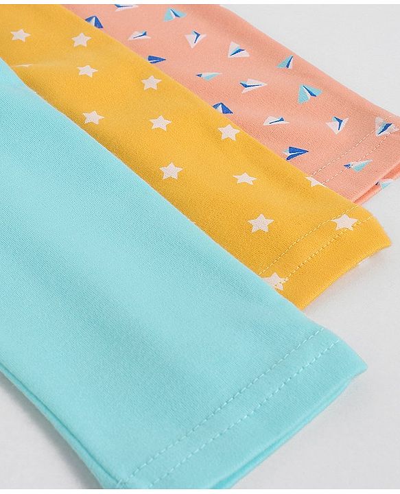 Babyhug Cotton Knit Full Length Diaper Leggings Pack of 3 Paper Planes & Stars Print - Pink Yellow & Sky Blue
