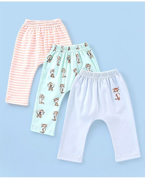 Babyhug Cotton Full Length Tiger Print Diaper Leggings  Pack of 3 - Pink Green & Blue
